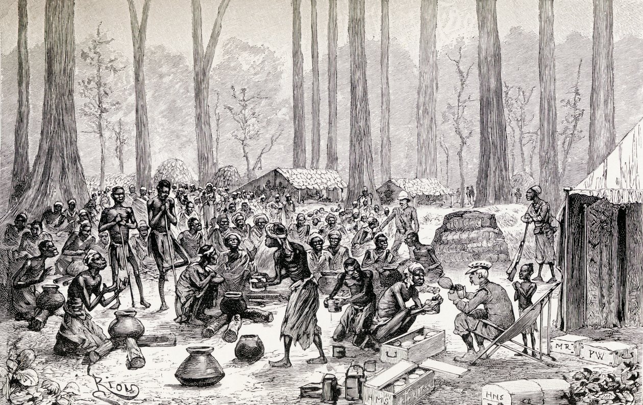 Harcerze podają mleko i masło na rosół głodującym tubylcom, 1890 (drewno) autorstwa Edouard Riou