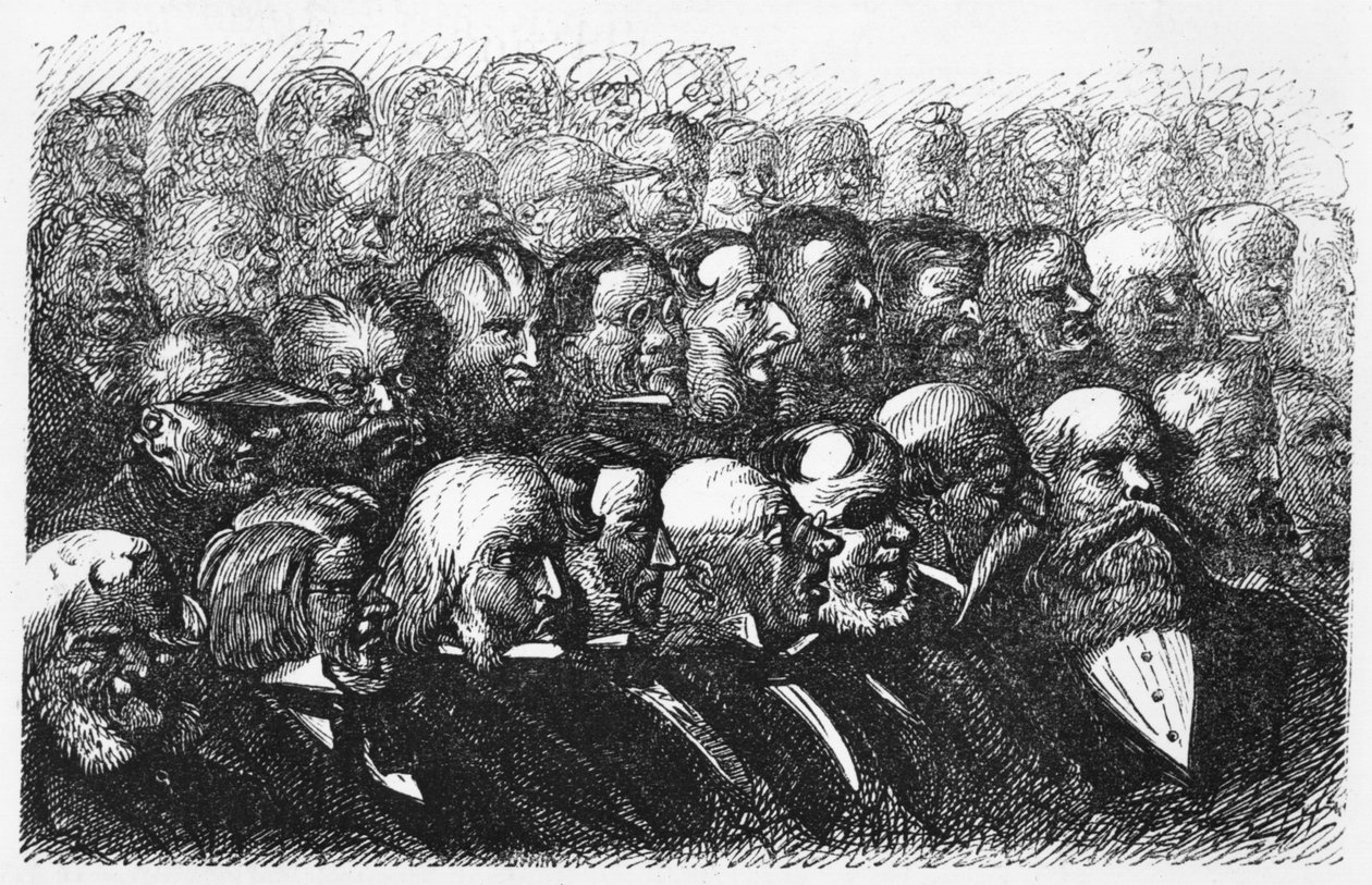 Członkowie londyńskiego Królewskiego Towarzystwa Geograficznego, ilustracja z „Pięć tygodni w balonie” Juliusza Verne
