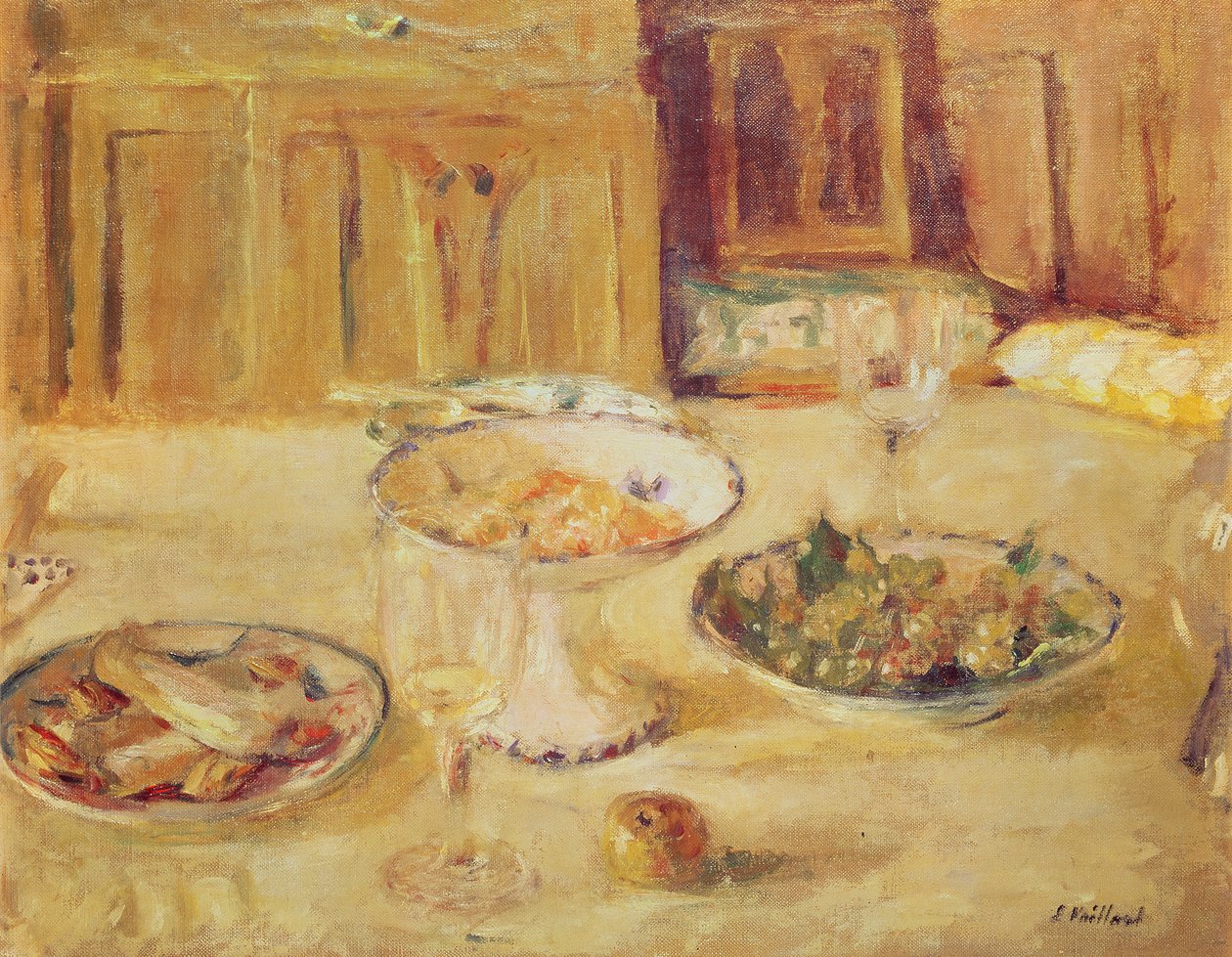 Miski owoców i ciastek oraz kieliszek do wina autorstwa Edouard Vuillard