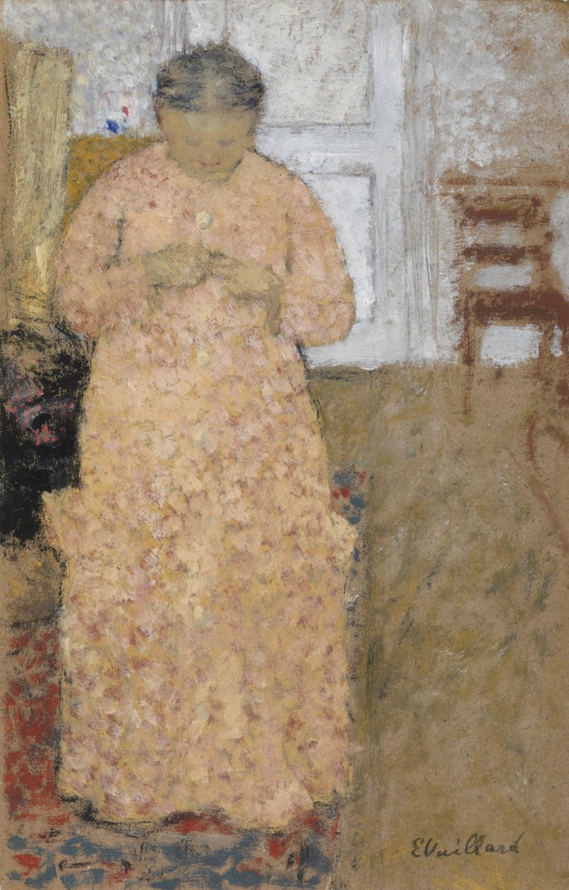Robiąca na drutach kobieta w różowej sukience autorstwa Edouard Vuillard