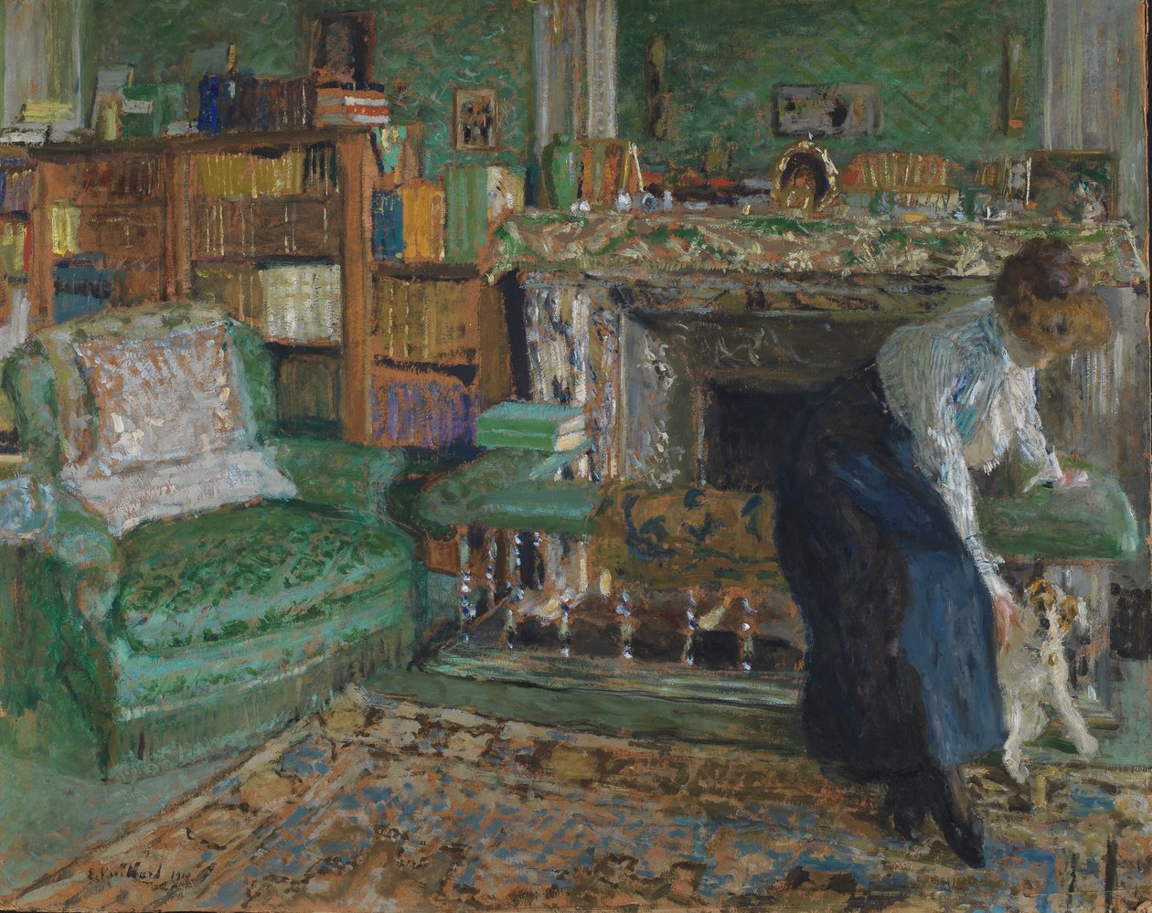 Marguerite Chapin w swoim mieszkaniu z psem, 1910 (olej na płycie pilśniowej) autorstwa Edouard Vuillard