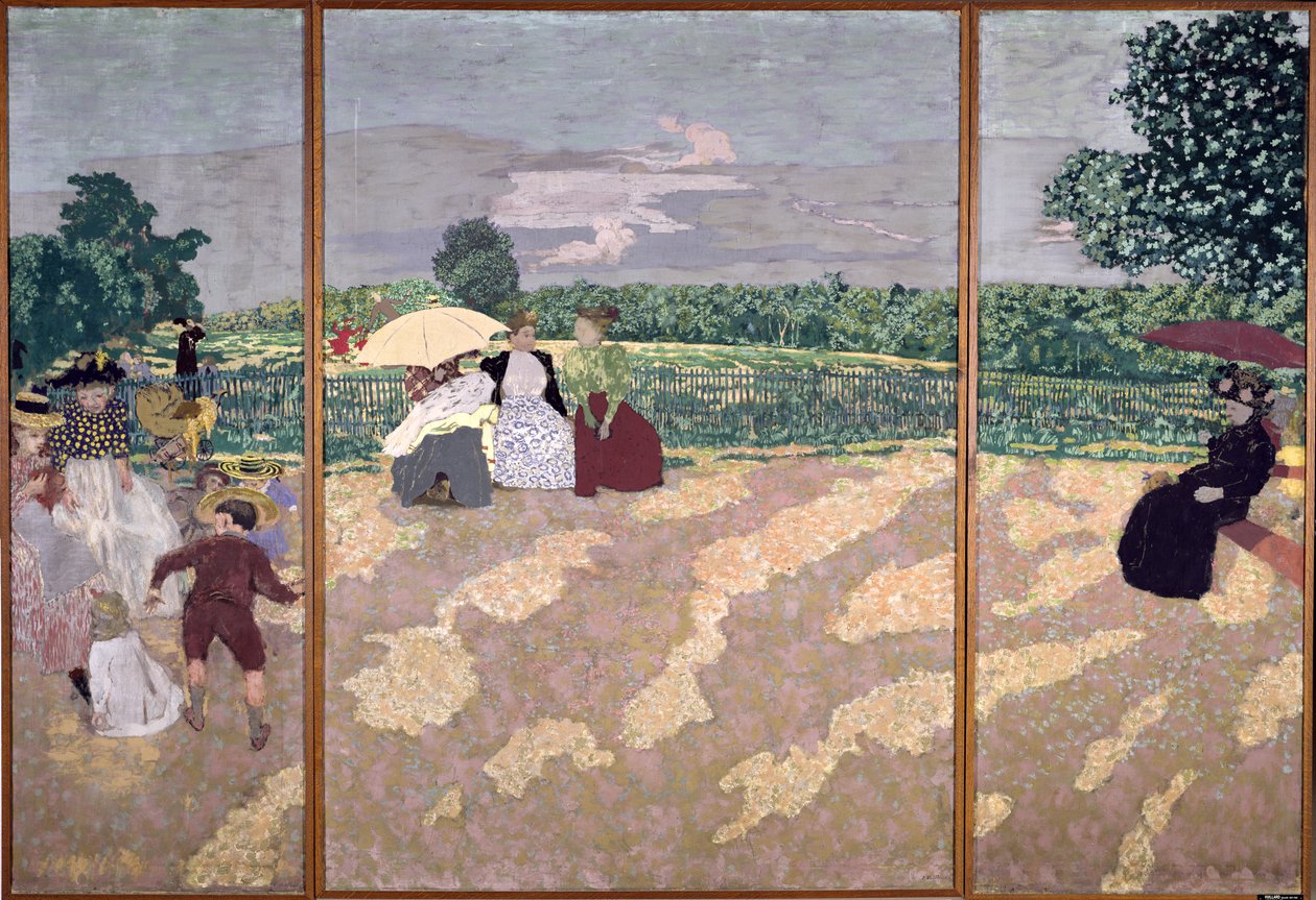 Ogrody publiczne: pielęgniarki, rozmowa i czerwony parasol, 1894 (tempera na płótnie) autorstwa Edouard Vuillard