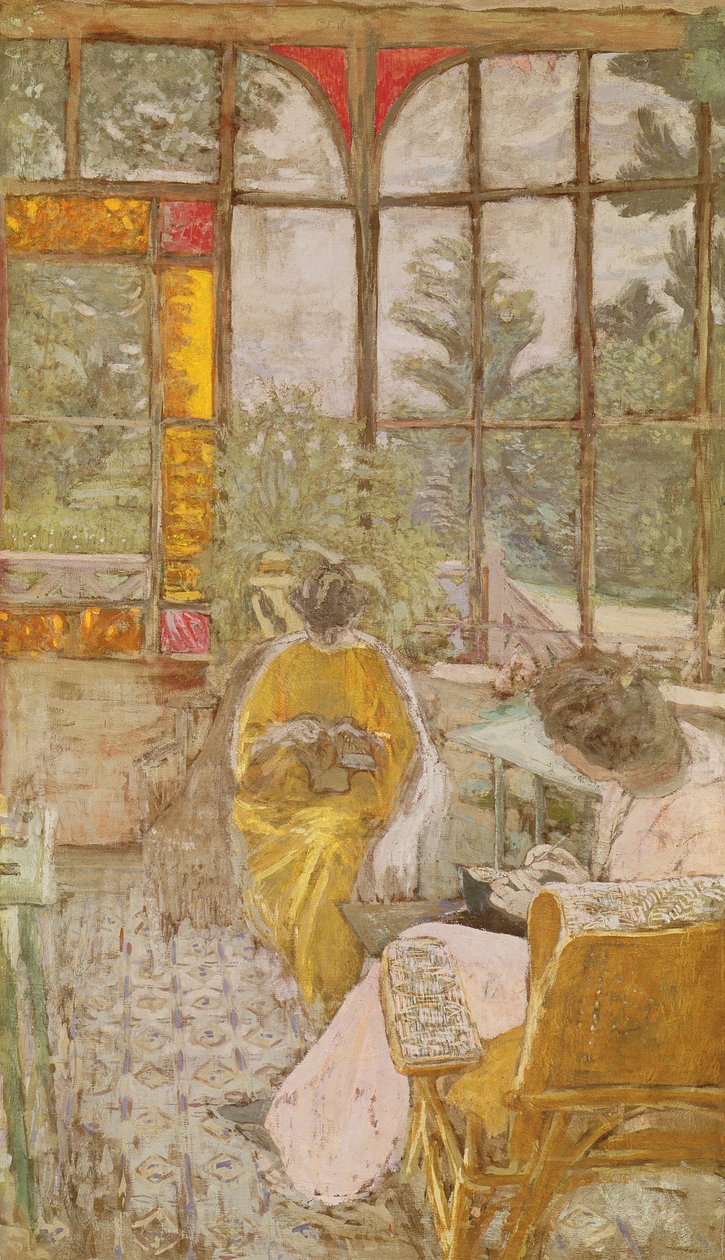 Dwie kobiety haftujące na werandzie, 1913 (tempera na płótnie) autorstwa Edouard Vuillard