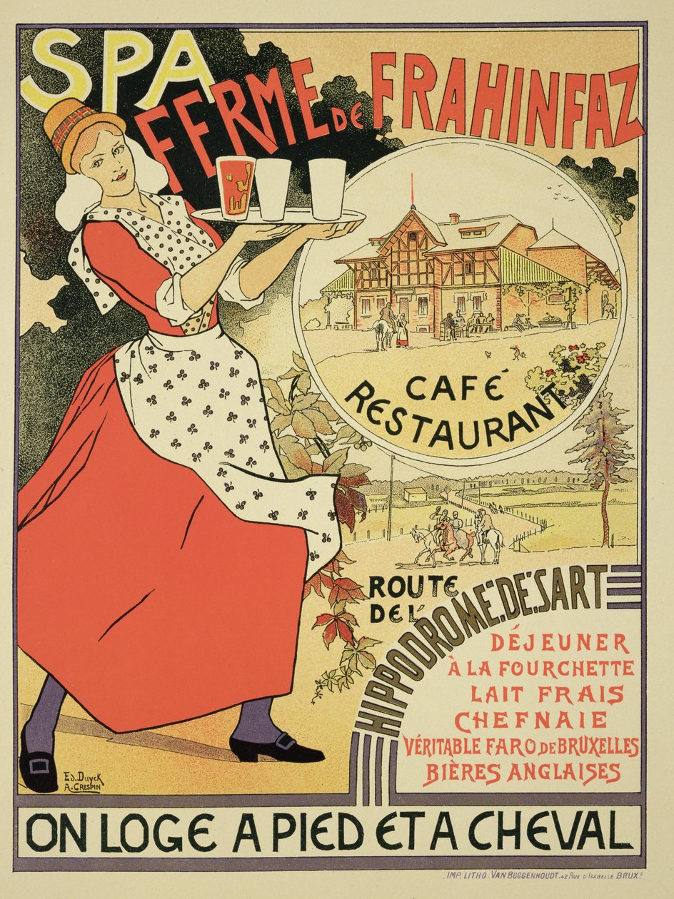 Plakat reklamujący Ferme de Frahinfaz, kawiarnię i restaurację w pobliżu Spa, Belgia, 1896 r. autorstwa Adolphe Louis Charles Crespin