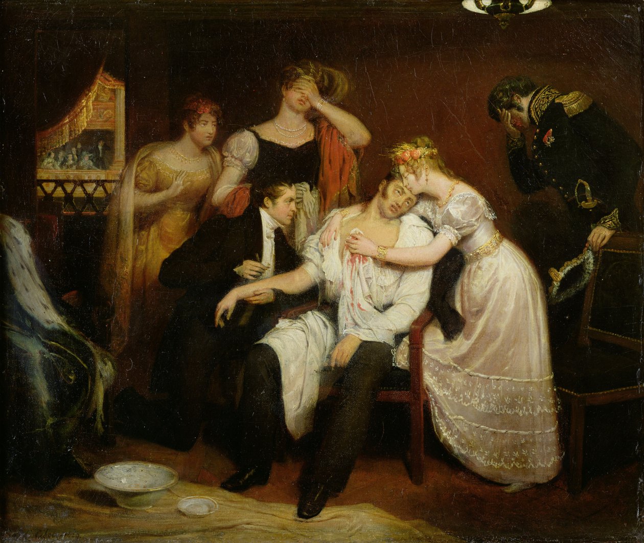 Charles-Ferdinand de France (1778-1820) w swojej loży w operze na Rue de Richelieu po tym, jak został pchnięty nożem przez Louisa Louvela autorstwa Edouard (1799 1877) Cibot