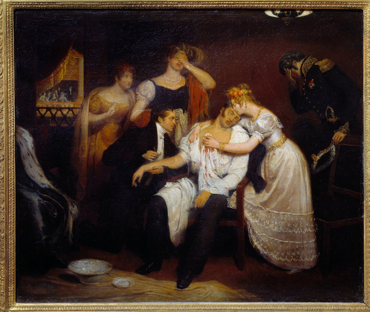 Śmierć księcia Berry (1778-1820) 13.02.1820 w Królewskiej Akademii Muzycznej Siostrzeniec króla Ludwika XVIII został zamordowany w Operze przez Louvela, republikanina, który chciał stłumić królewską dynastię. Obraz Francois Cibot (1799-1877) 1829 Nd. 0,4 autorstwa Edouard  Cibot