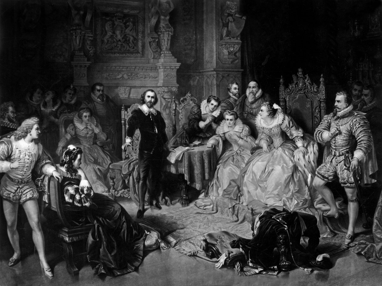 William Shakespeare (1564-1616) na dworze królowej Elżbiety I, rytowany przez Pierre