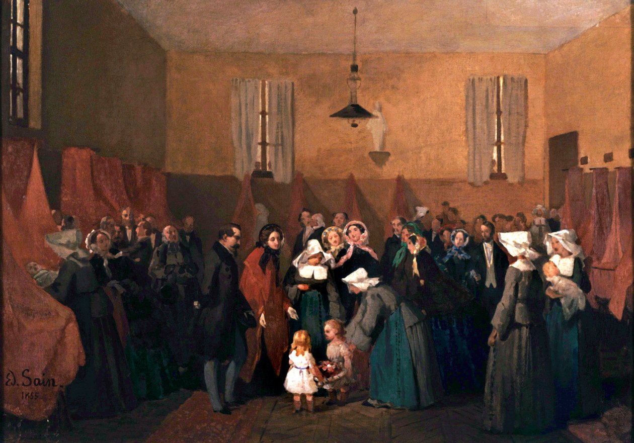 Wizyta Napoleona III i Eugenii w żłobku siostry Rozalii autorstwa Edouard Alexandre Sain