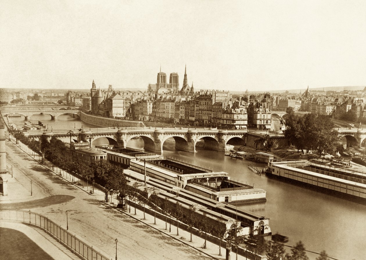 Sekwana z mostami, z tyłu Notre-Dame de Paris autorstwa Édouard Baldus