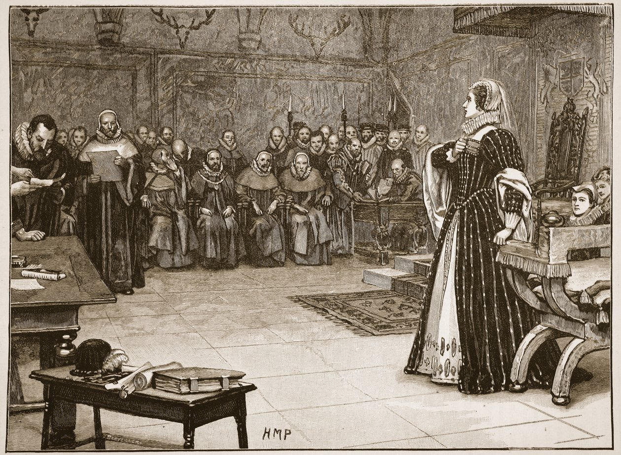 Proces Marii Królowej Szkotów w zamku Fotheringhay, ilustracja z „Ilustrowanej historii Anglii Cassella” (zdjęcie w sepii) autorstwa Edouard Berveiller