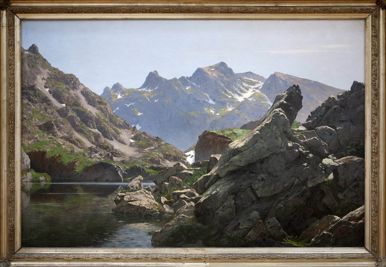 Jezioro Merlat, obraz olejny autorstwa Edouarda Bruna (1860-1935) wykonany w 1901 roku, jezioro znajduje się w łańcuchu Belledonne w Isere. Photophraphie, KIM Youngtae, Grenoble, Musee de Grenoble. autorstwa Edouard Brun