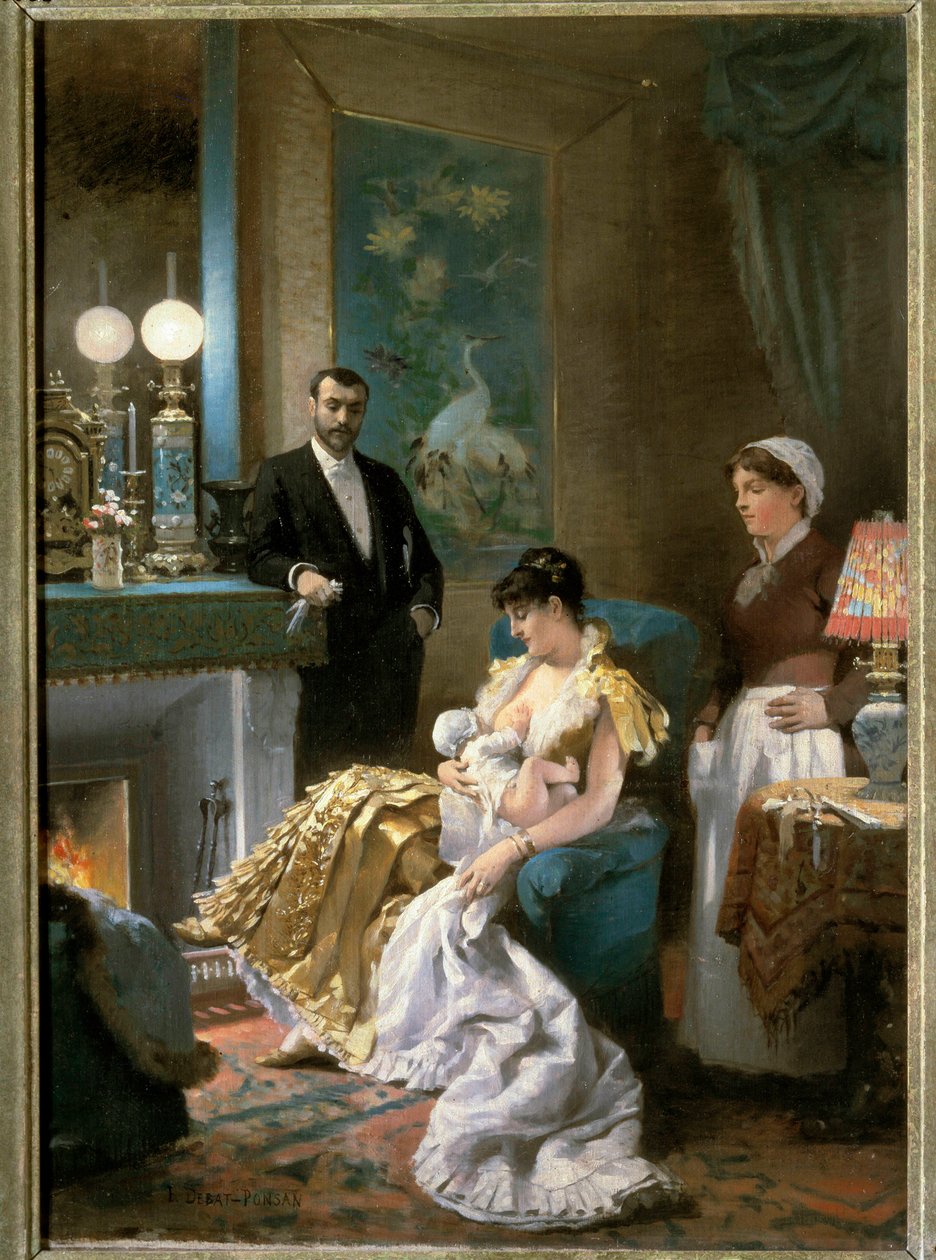 Przed balem Matka w stroju wieczorowym karmi dziecko piersią przed wyjściem z mężem i zostawia dziecko pokojówce. Obraz Edouarda Debata Ponsana (1847-1913). 1886. Zwiedzanie Muzeum Sztuk Pięknych autorstwa Edouard Debat Ponsan