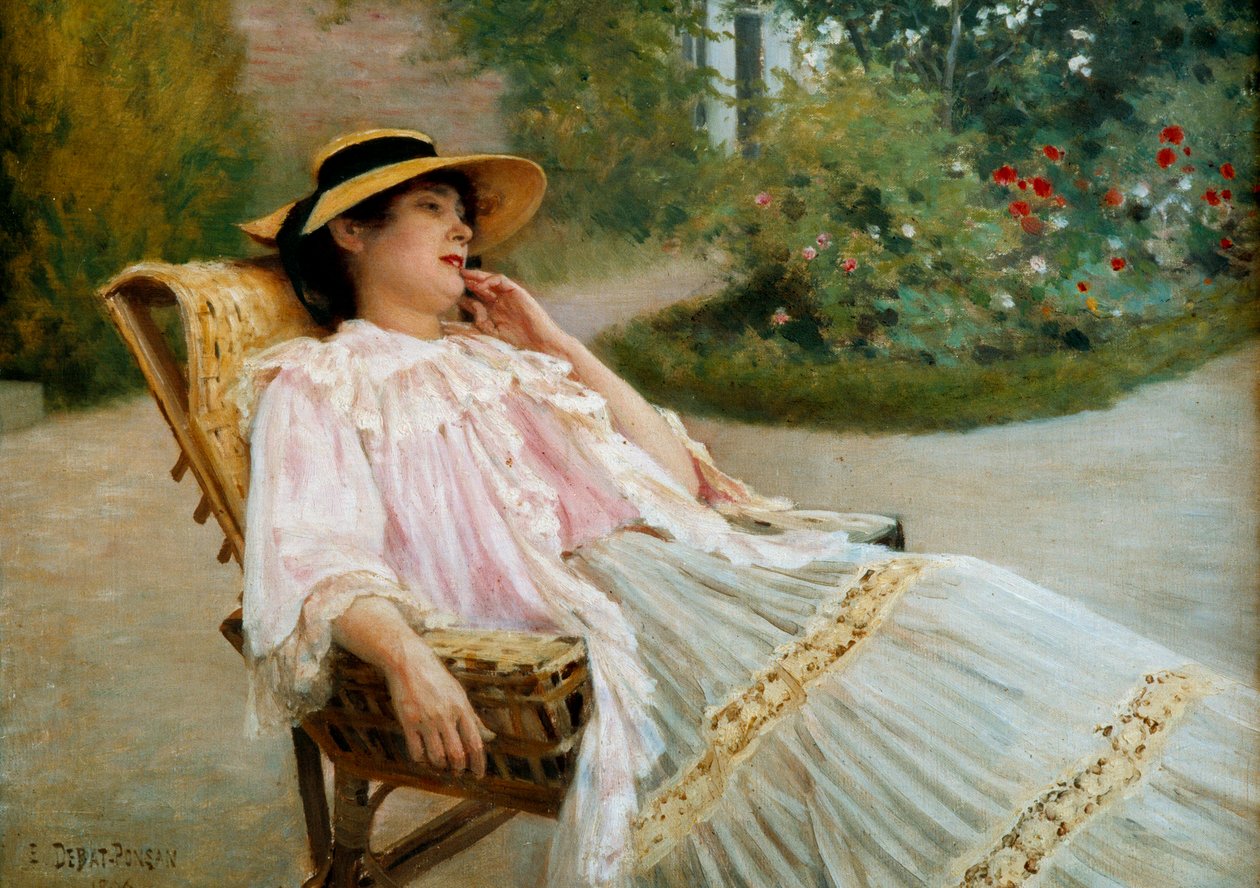 Drzemka Madame Edouard Debata Ponson na tarasie. Obraz Edouarda Debata Ponsana (1847-1913) autorstwa Edouard Debat Ponsan