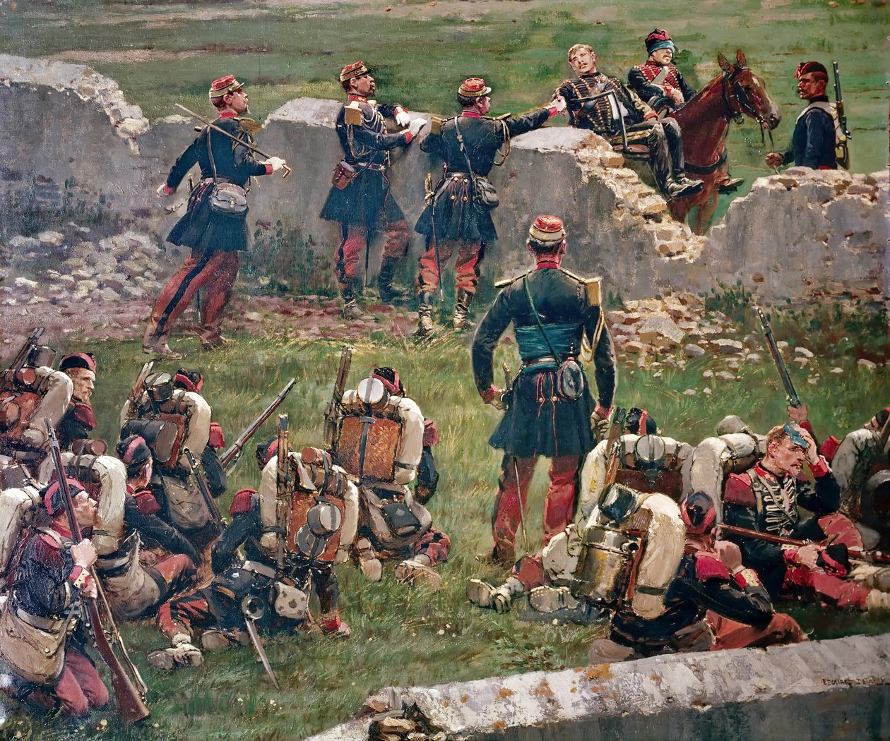 Wieczór bitwy pod Rezonville Gravelotte. Grenadierzy Gwardii Cesarskiej w spoczynku, 16 sierpnia autorstwa Jean Baptiste Edouard Detaille