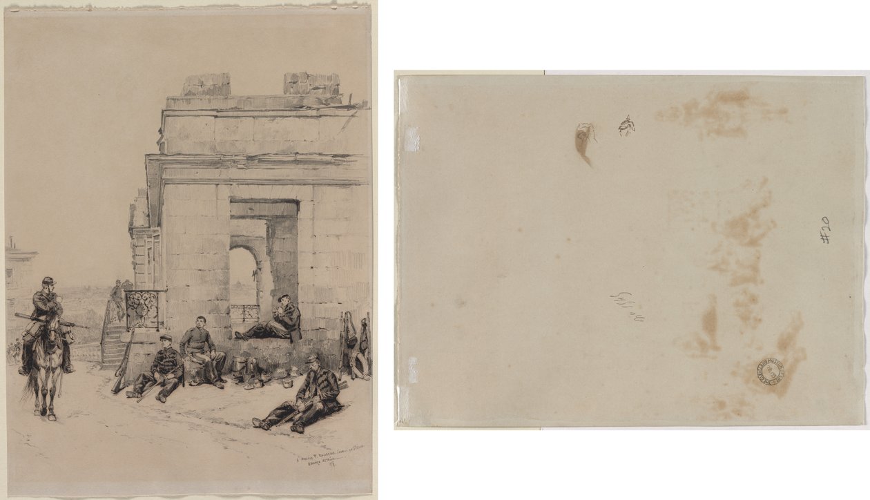 Żołnierze odpoczywający (recto) Szkic mężczyzny z podniesioną ręką i szkic hełmu (verso) autorstwa Edouard Detaille