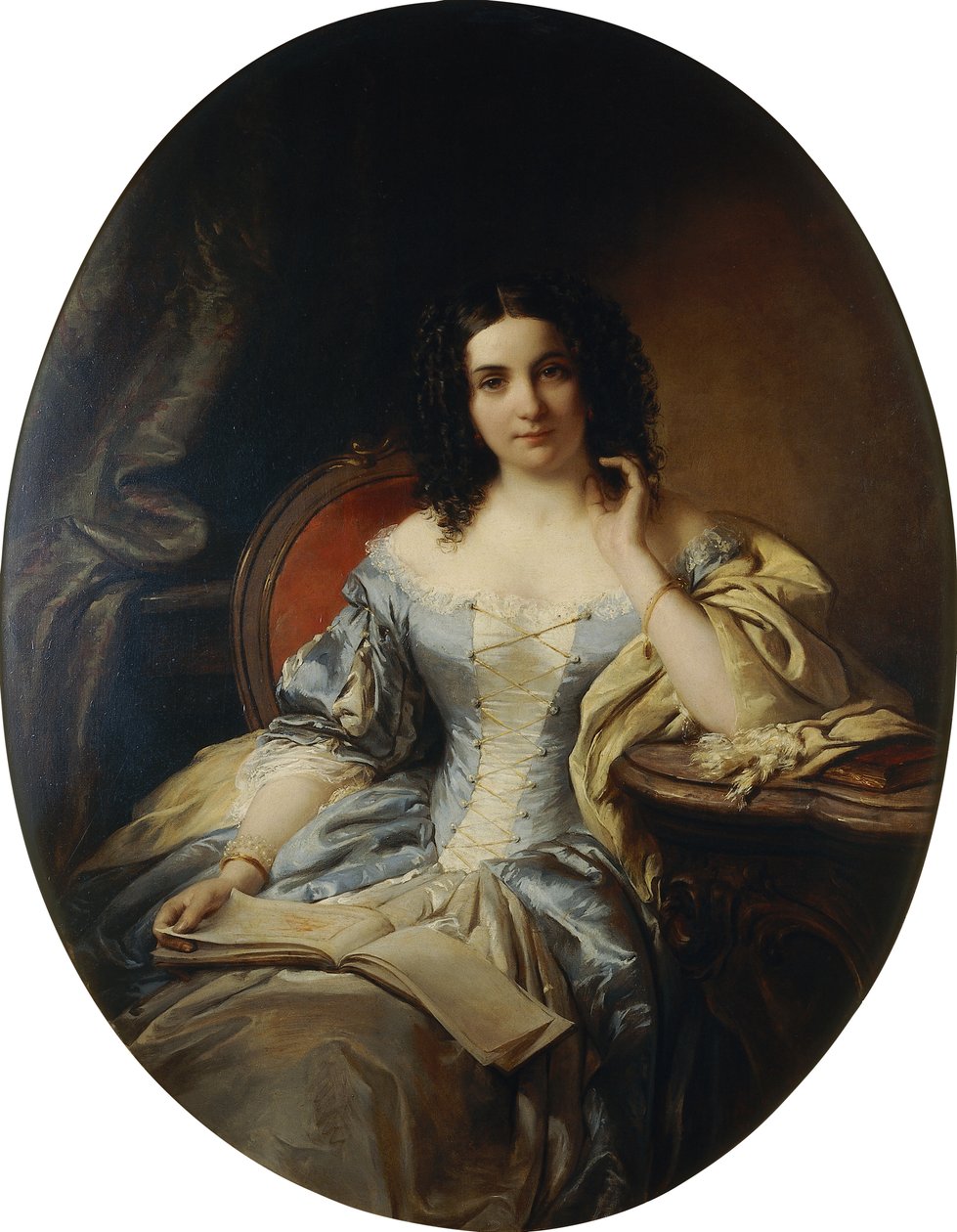 Portret siedzącej damy w niebiesko-białej sukni; Portret siedzącej damy w niebiesko-białej sukni, 1853 autorstwa Edouard Ender