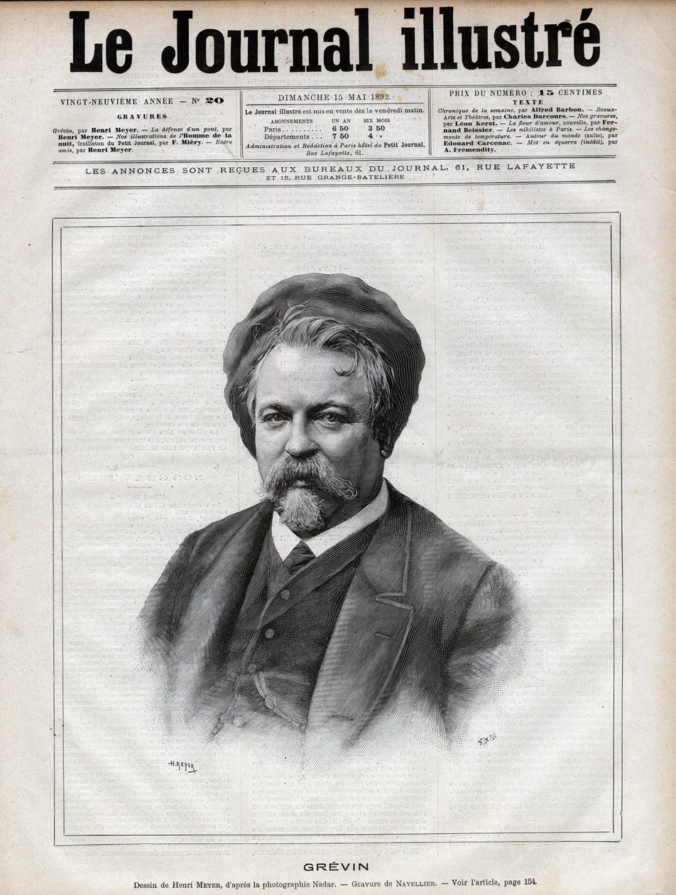 Alfred Grevin (1827-1892) rzeźbiarz, rysownik, rysownik, rysownik i projektant francuskich kostiumów teatralnych - Grawerowanie autorstwa Navelliera wg zdjęcia Nadara w „The Illustrous Journal” z 1892 roku autorstwa Edouard Felicien Eugene Navellier