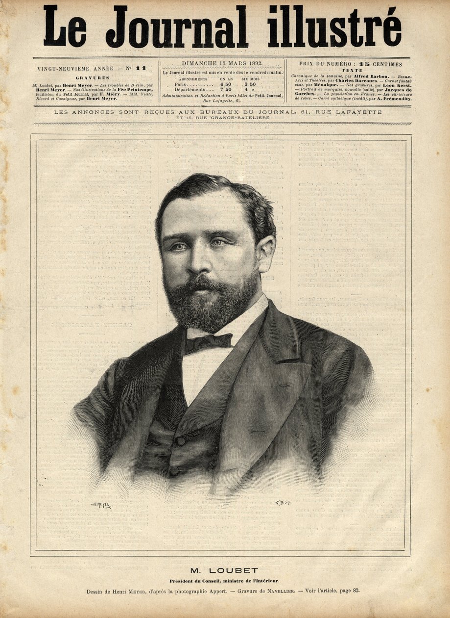 Emile Loubet (1836-1929) w 1892 (przewodniczący rady - minister spraw wewnętrznych) Grawer Navellier w „The Illustrous Journal” z 1892 autorstwa Edouard Felicien Eugene Navellier