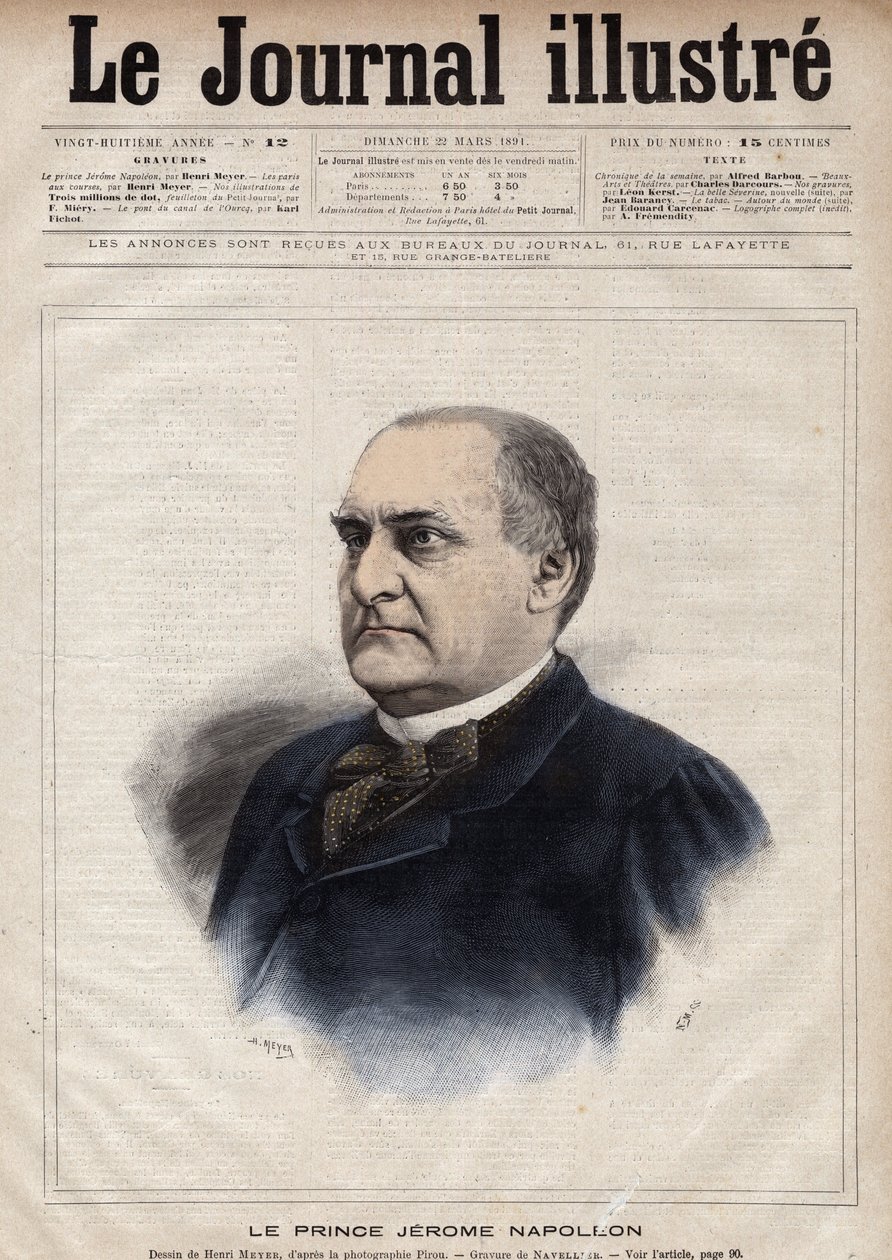 Jerome Bonaparte dit Plon (Plonplon) (1822-1891) (Napoleon-Jerome Bonaparte lub książę Hieronim Napoleon), syn Hieronima Bonaparte (1784-1860) - Grawerowanie Navelliera w „The Illustrous Journal” z 1891 roku autorstwa Edouard Felicien Eugene Navellier