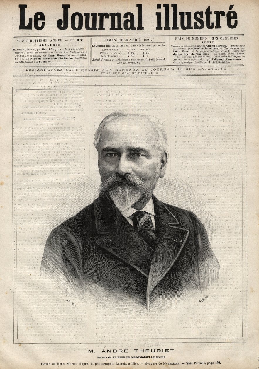 Portret Andre Theurieta (1833-1907), francuskiego powieściopisarza, poety i naukowca - Grawerowanie autorstwa Navelliera w „Le journal illustrious” z 1891 r. autorstwa Edouard Felicien Eugene Navellier