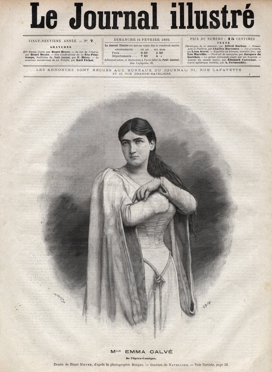 Portret Emmy Calve (Rosa Noemie Emma Calvet de Roquet, dit) (1858-1942), francuski sopran - Grawerowanie autorstwa Navelliera w „The Illustrous Journal” z 1892 roku autorstwa Edouard Felicien Eugene Navellier