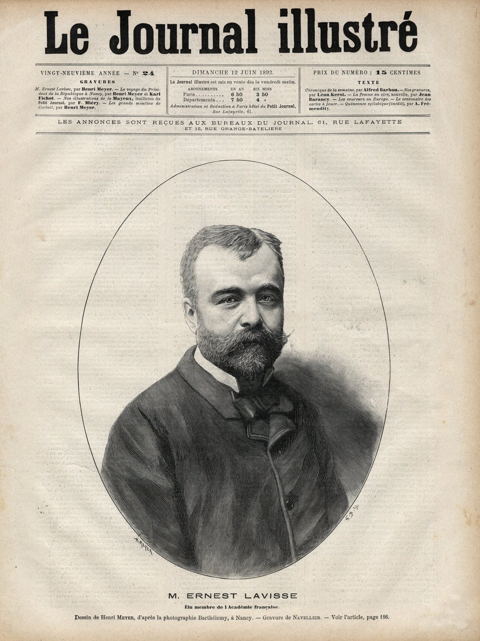 Portret Ernesta Lavisse (1842-1922), francuskiego historyka i akademika - Grawerowanie autorstwa Navelliera w „Le journal illustrious” z 1892 r. autorstwa Edouard Felicien Eugene Navellier