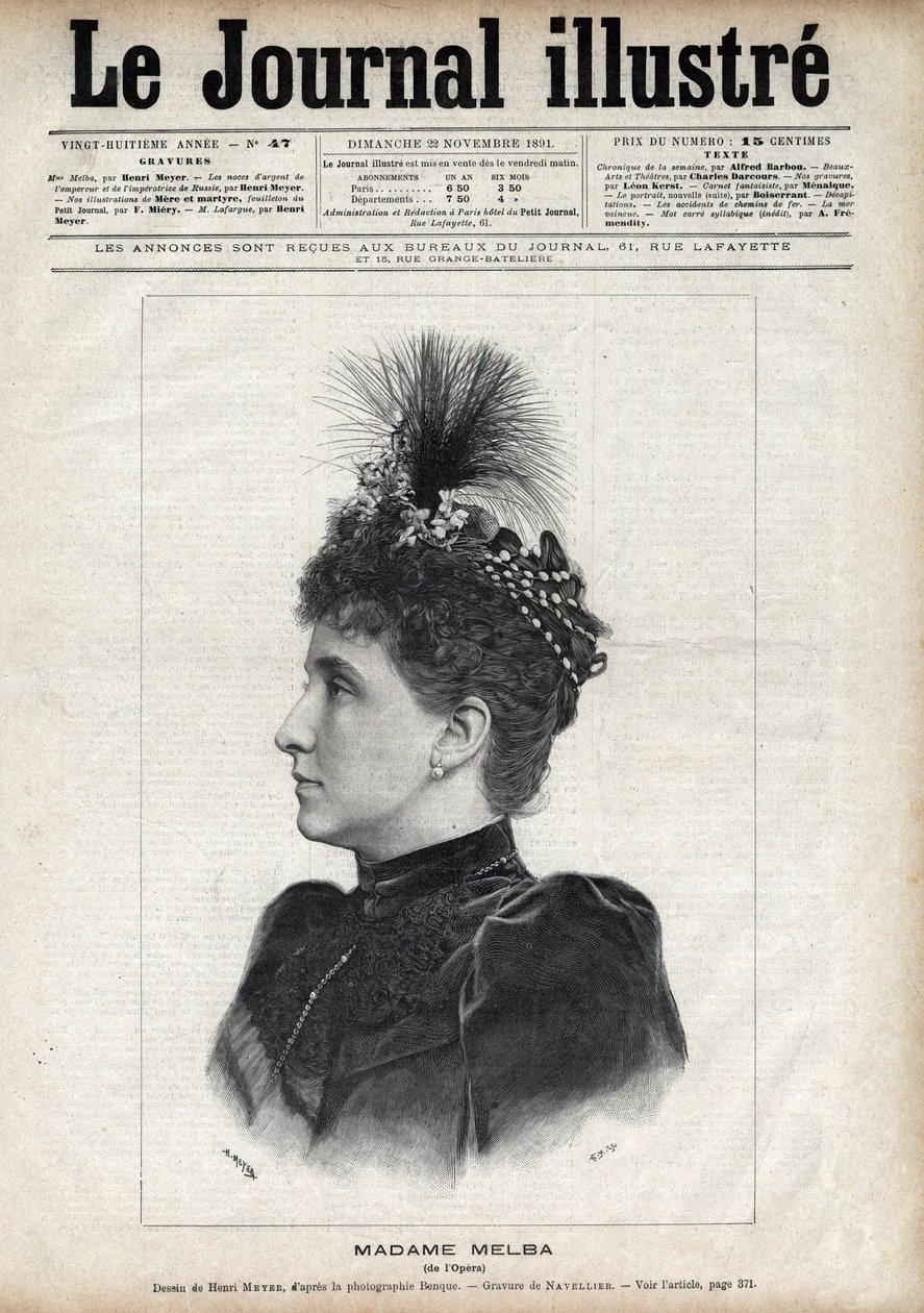 Portret Nellie Melby (Helen Porter Mitchell, dit) (1861-1931), australijski sopran - Grawerowanie autorstwa Navelliera w „The Illustrous Journal” z 1891 roku autorstwa Edouard Felicien Eugene Navellier