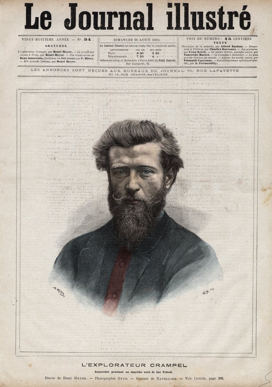 Portret Paula Crampela (1864-1891), francuskiego badacza Afryki Środkowej - Grawerowanie autorstwa Navelliera w „The Illustrous Diary” z 1891 roku autorstwa Edouard Felicien Eugene Navellier