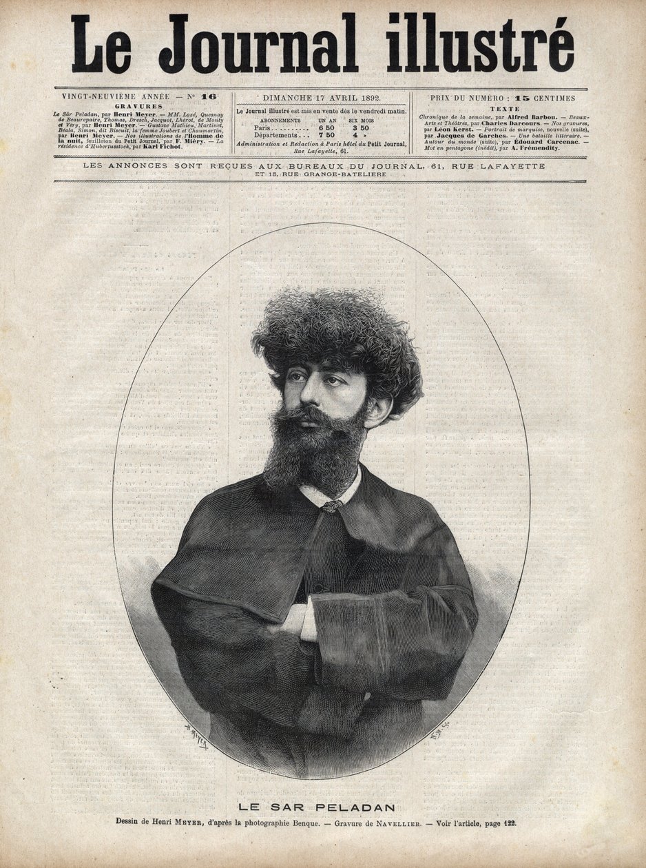 Sar Merodack Josephin Peladan, pseudonim Josephin Peladan (1858-1918) francuski pisarz i okultysta - Grawerowanie autorstwa Navelliera w „The Illustrous Journal” z 1892 roku autorstwa Edouard Felicien Eugene Navellier