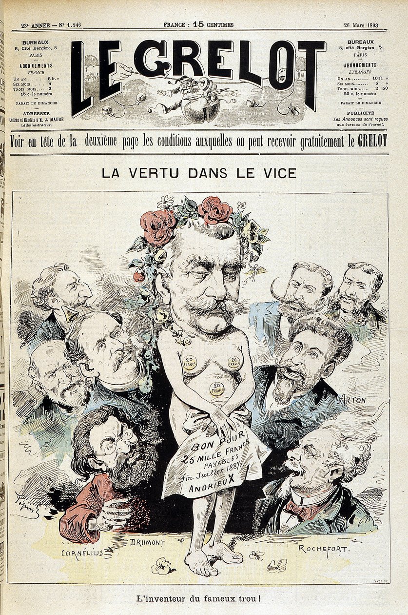 Karykatura o skandalu panamskim: „Cnota w występku: wynalazca słynnej dziury!” - Kuw. „Le Grelot” z 26 marca autorstwa Edouard Guillaumin Pepin
