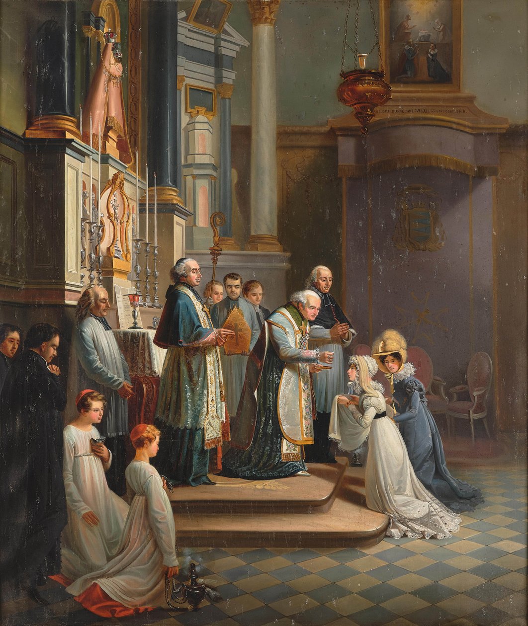 Wizyta księżnej Berry w kościele Notre Dame de Liesse w kwietniu 1819 roku. autorstwa Édouard Henri Théophile Pingret
