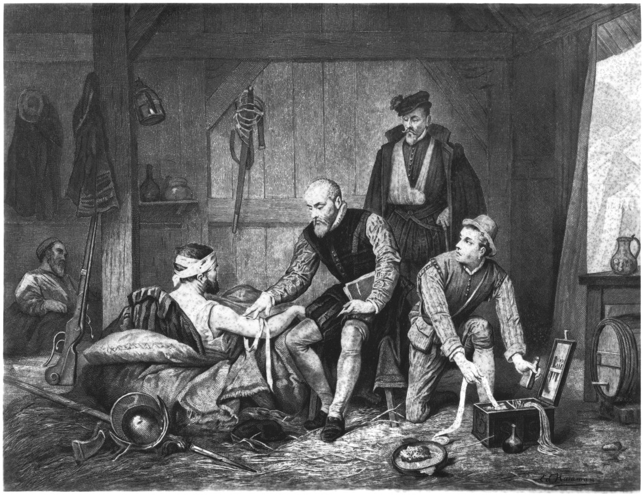 Ambroise Pare leczący rannych żołnierzy autorstwa Edouard Jean Conrad Hamman