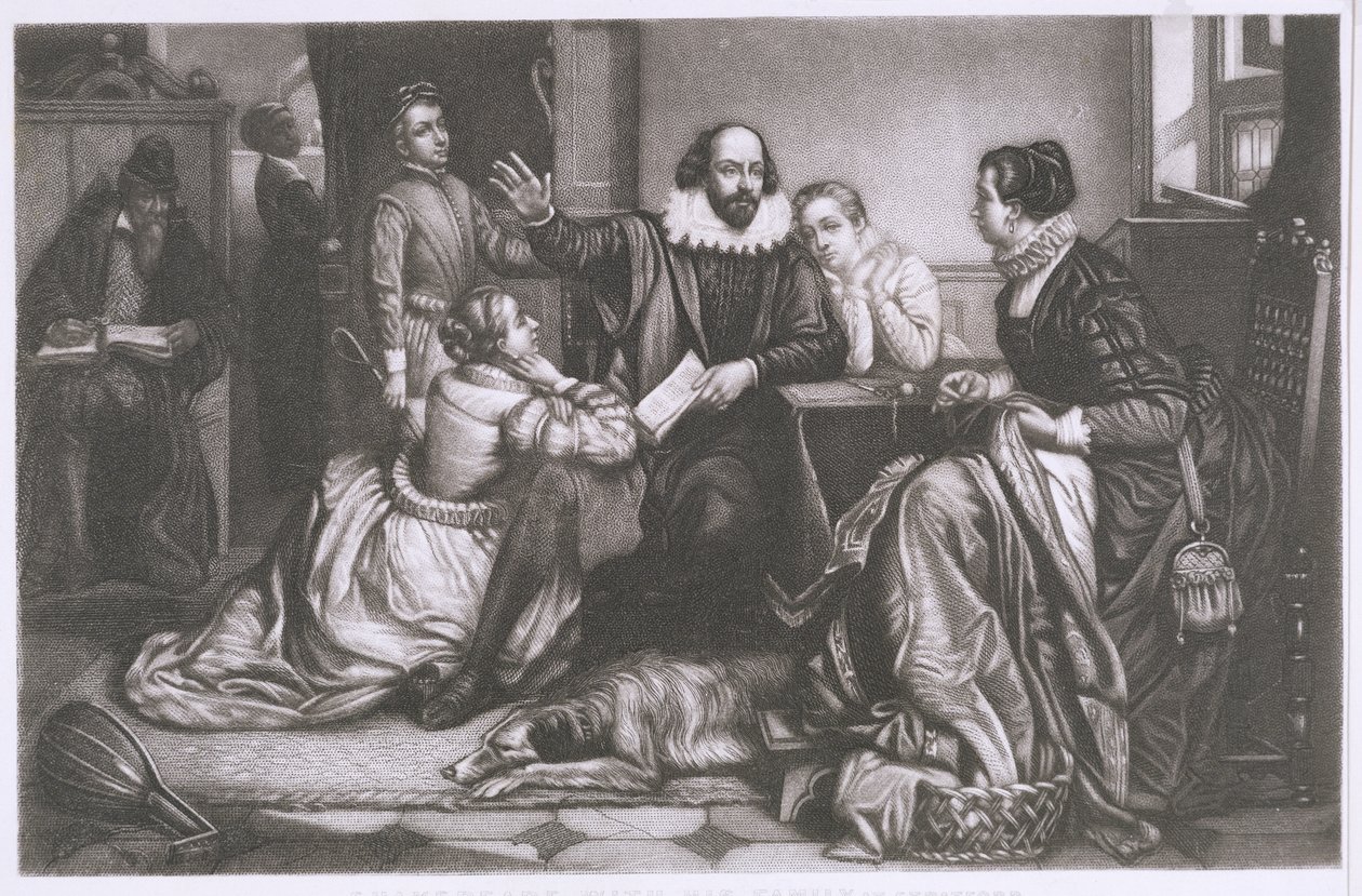 Szekspir z rodziną, w Stratford, Reciting the Tragedy Hamlet (Grawerowanie i akwaforta kropkowana) autorstwa Edouard Jean Conrad Hamman