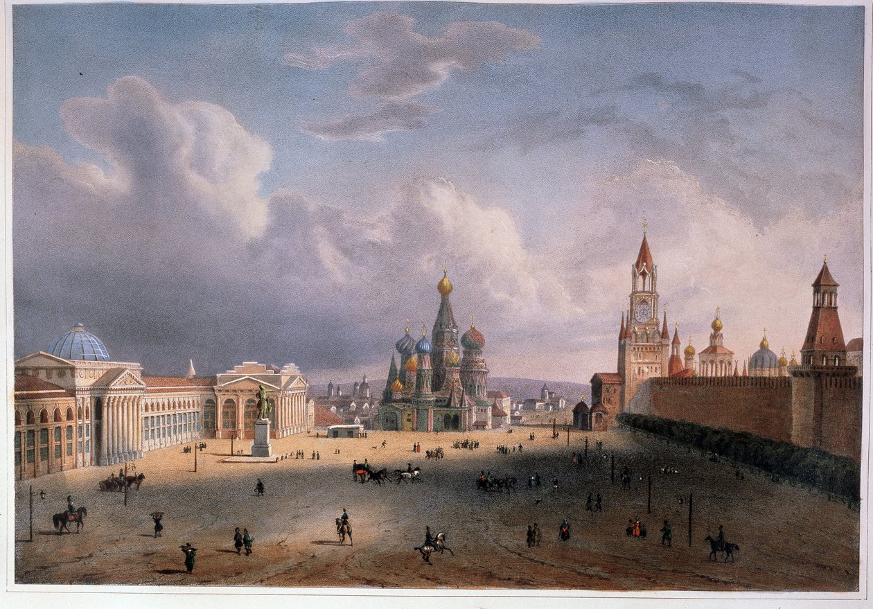 Widok na Plac Czerwony w Moskwie (Rosja). Praca Edouarda Jeana Marie Hosteina (1804-1889), litografia kolorowana akwarelą, ok. 1830, XIX-wieczna sztuka francuska. Muzeum Pamięci A. Puszkina, Sankt Petersburg. autorstwa Edouard Jean Marie Hostein