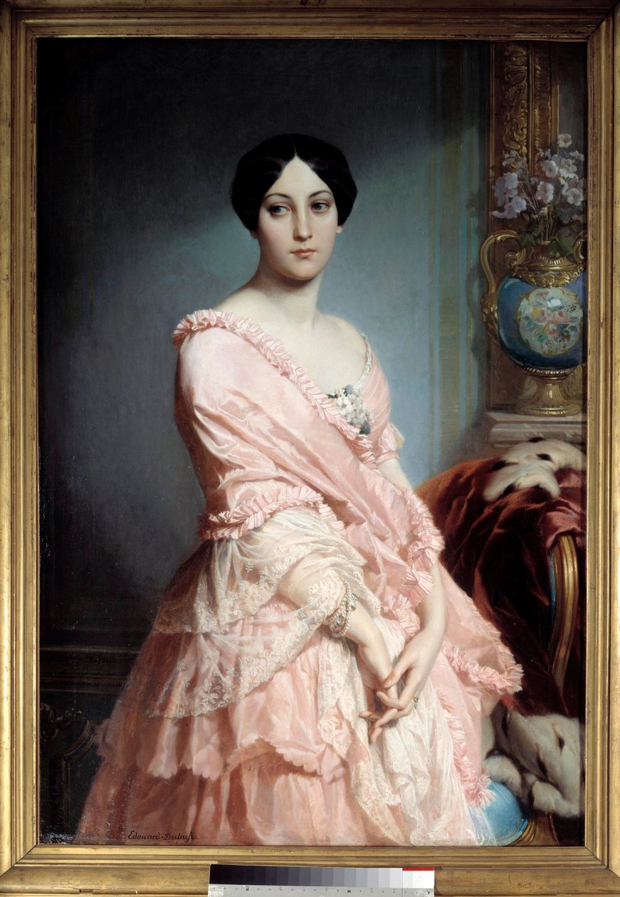 Portret Madame F. Obraz Edouarda Dubufe (1820-1883). 19 wiek. Ciemny. 1,3x0,89m. Paryż, Muzeum Orsay autorstwa Edouard Louis Dubufe