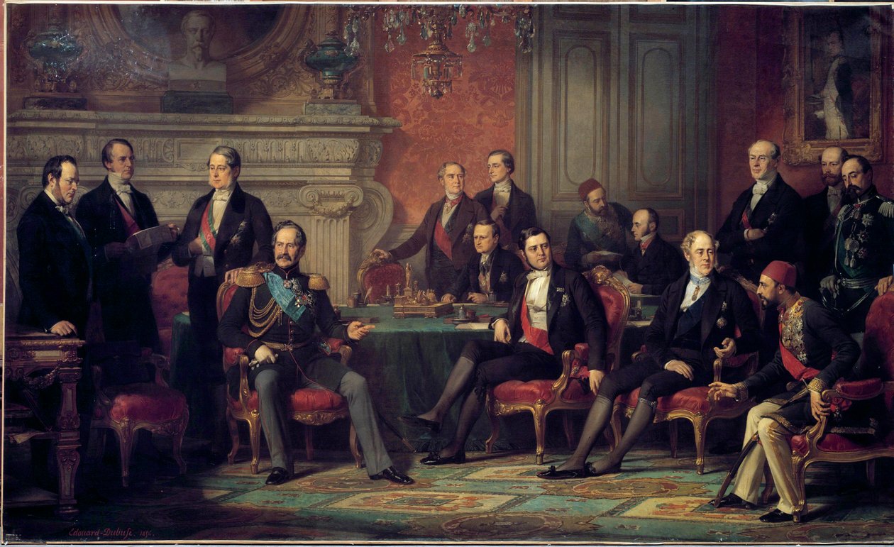 Kongres Paryski od 25 lutego do 30 marca 1856 spotkał się pod koniec wojny krymskiej przez Napoleona III z ministrami spraw zagranicznych państw europejskich. Obraz Edouarda Louisa Dubufe (1820-1883). 1856 niedz. 3,08 x 5,10 m² autorstwa Edouard Louis Dubufe