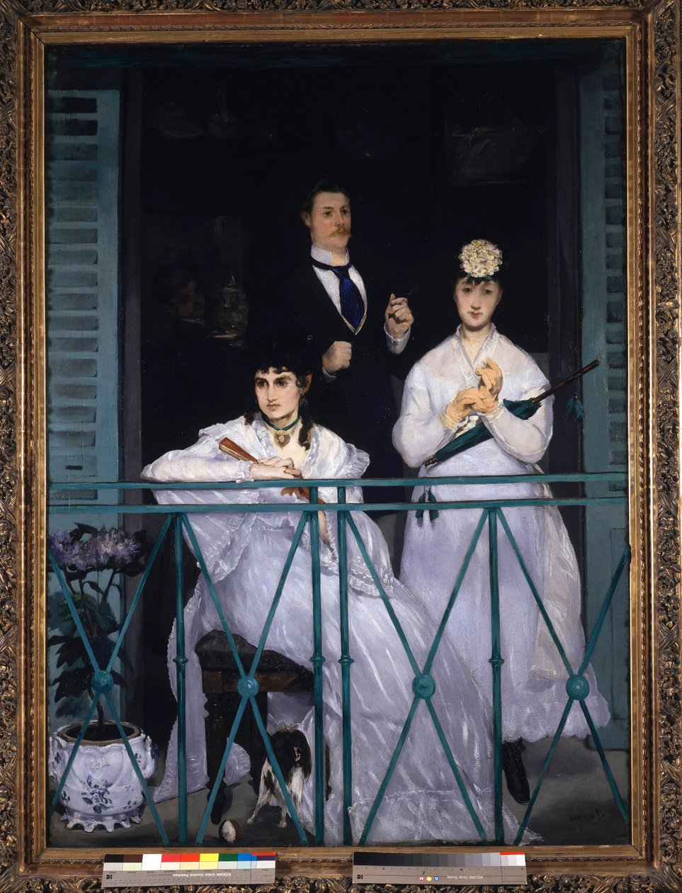Balkon Dwie młode kobiety trzymające wachlarz i parasol oraz mężczyzna w krawacie. Portret Berthe Morisot (1841-1895), francuskiej malarki, Fanny Claus (1846-1877), skrzypka, Antoine