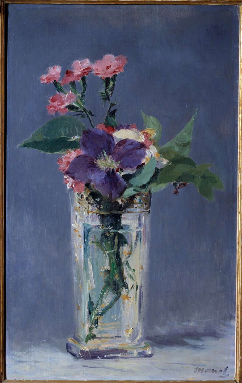 Goździki i klematyty w kryształowym wazonie Obraz Edouarda Maneta (1832-1883) 1882 Wym. 0,56x0,35 m Paryż, musee d