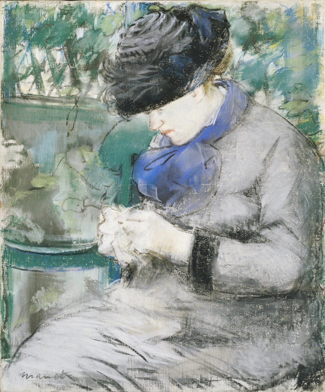 Dziewczyna siedząca w ogrodzie lub robiąca na drutach, 1879 autorstwa Édouard Manet