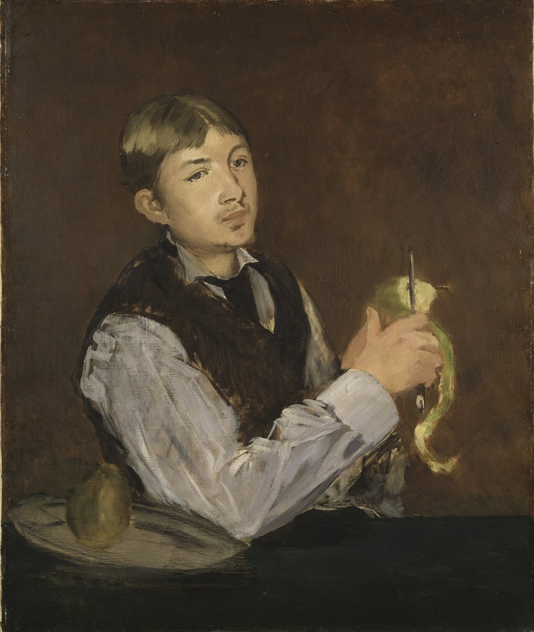 Młody mężczyzna obierający jabłko - Młody chłopak obierający gruszkę, autorstwa Maneta, Edouarda (1832-1883). Olej na płótnie. Rozmiar: 85x71cm. Muzeum Narodowe w Sztokholmie autorstwa Édouard Manet