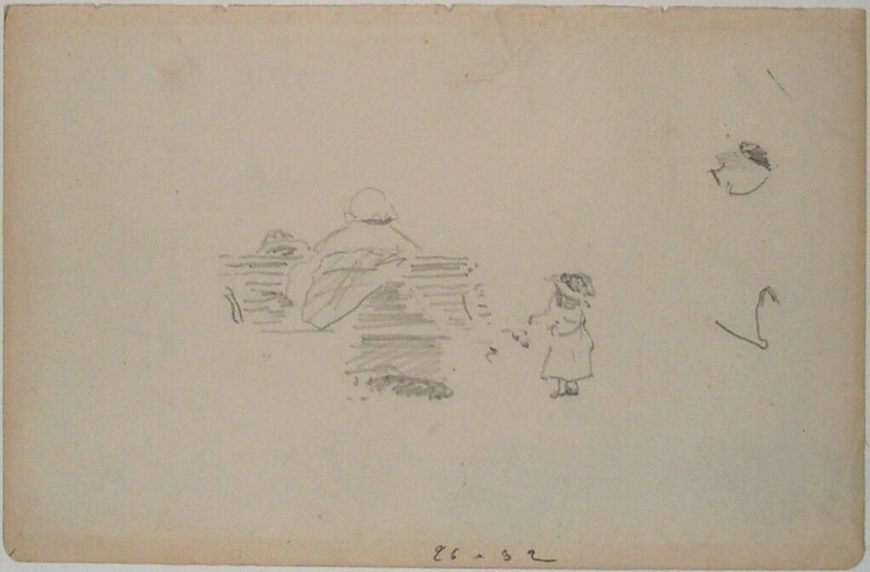 Manet - Szkic kobiety siedzącej na ławce i dziecka stojącego w pobliżu (liść ze szkicownika), ok. 1864-1868 r. autorstwa Édouard Manet