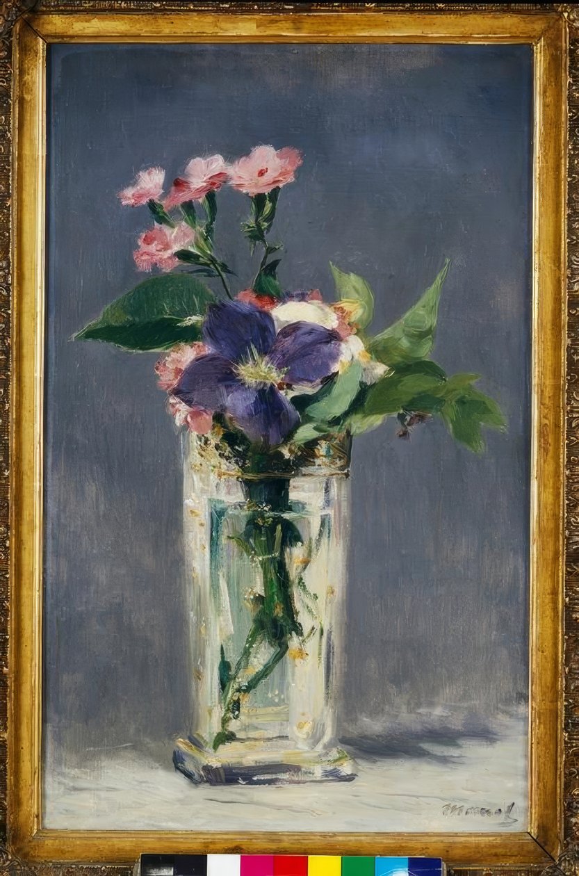 Goździki i powojniki w kryształowym wazonie autorstwa Édouard Manet