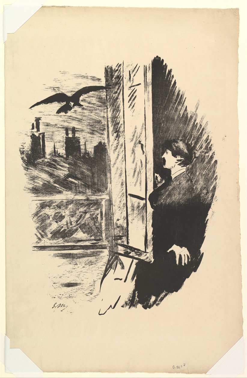 Otwórz tutaj rzuciłem migawkę. Ilustracja do Kruka Edgara Allana Poe, 1875. autorstwa Édouard Manet