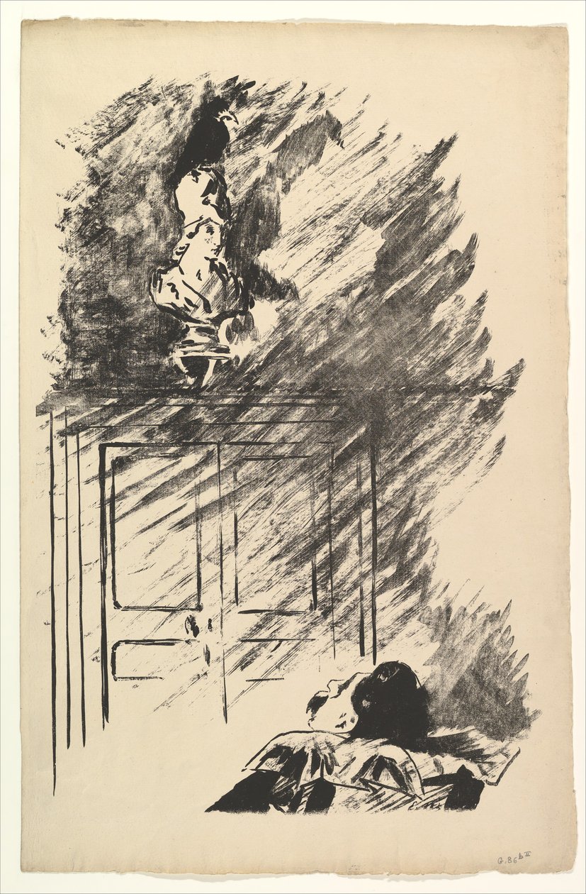 Usadowiony na popiersiu Pallasa. Ilustracja do Kruka Edgara Allana Poe, 1875. autorstwa Édouard Manet