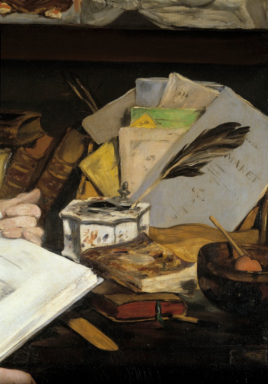 Portret Emila Zoli, detal. Miska z atramentem z długopisem i książkami, w tym „Manet”. Obraz Edouarda Maneta (1832-1883) 1868 Paryż, Musee d