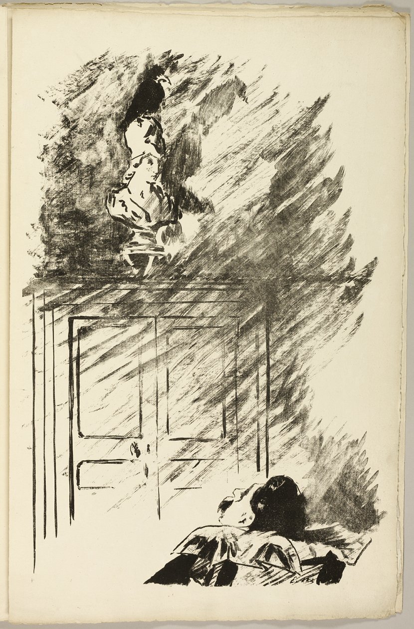 Kruk na popiersiu Pallasa („Usiada na popiersiu Pallasa...”), z filmu Kruk (Le Corbeau) autorstwa Édouard Manet
