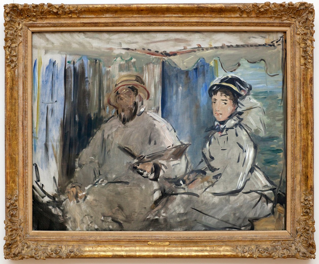 Malarz Claude Monet (1840-1926) w swojej pracowni. (U jego boku żona Camille, w jego warsztacie). Obraz Edouarda Maneta (1832-1883), olej na płótnie autorstwa Édouard Manet