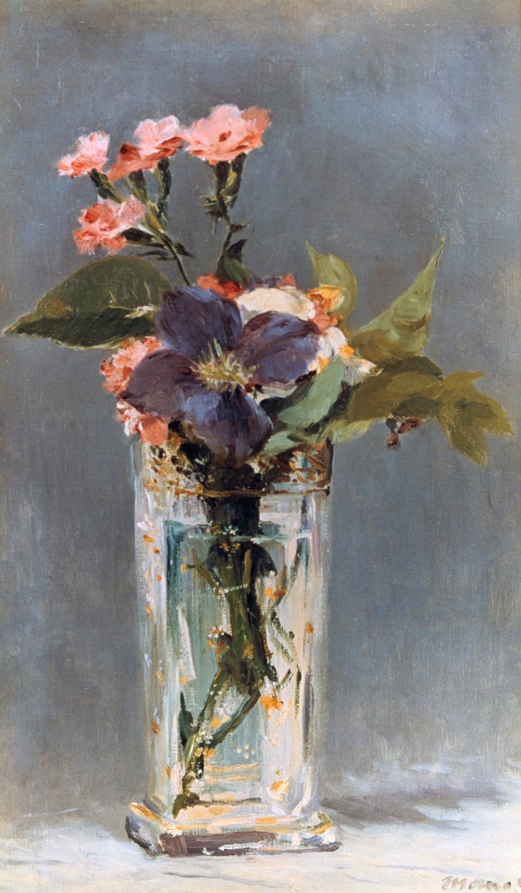 Fiołki i powojniki w kryształowym wazonie, 1882 autorstwa Édouard Manet