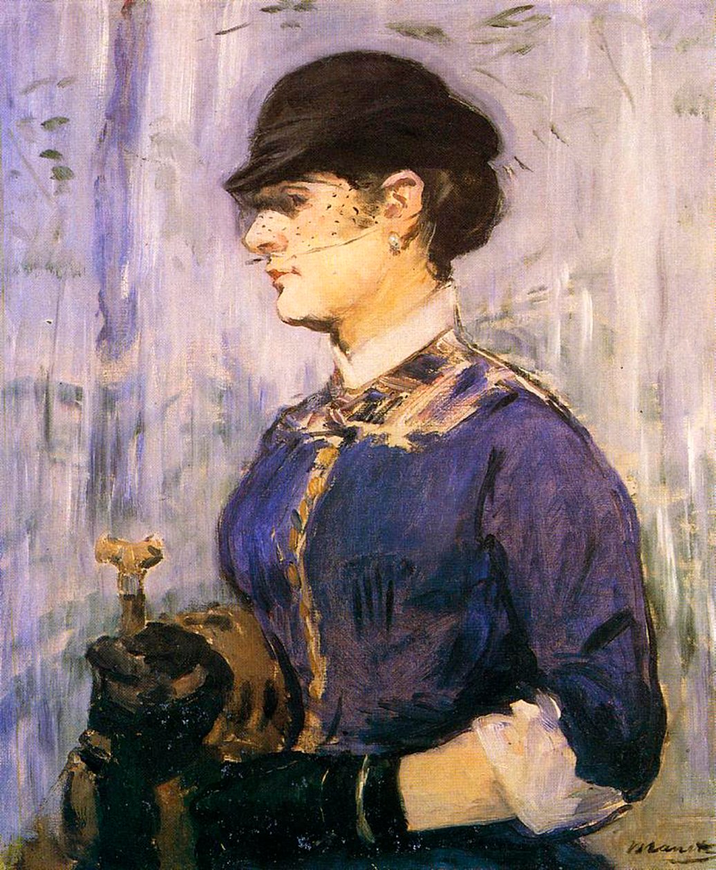 Młoda kobieta w niebieskiej czapce i małym czarnym kapeluszu, 1877 autorstwa Édouard Manet