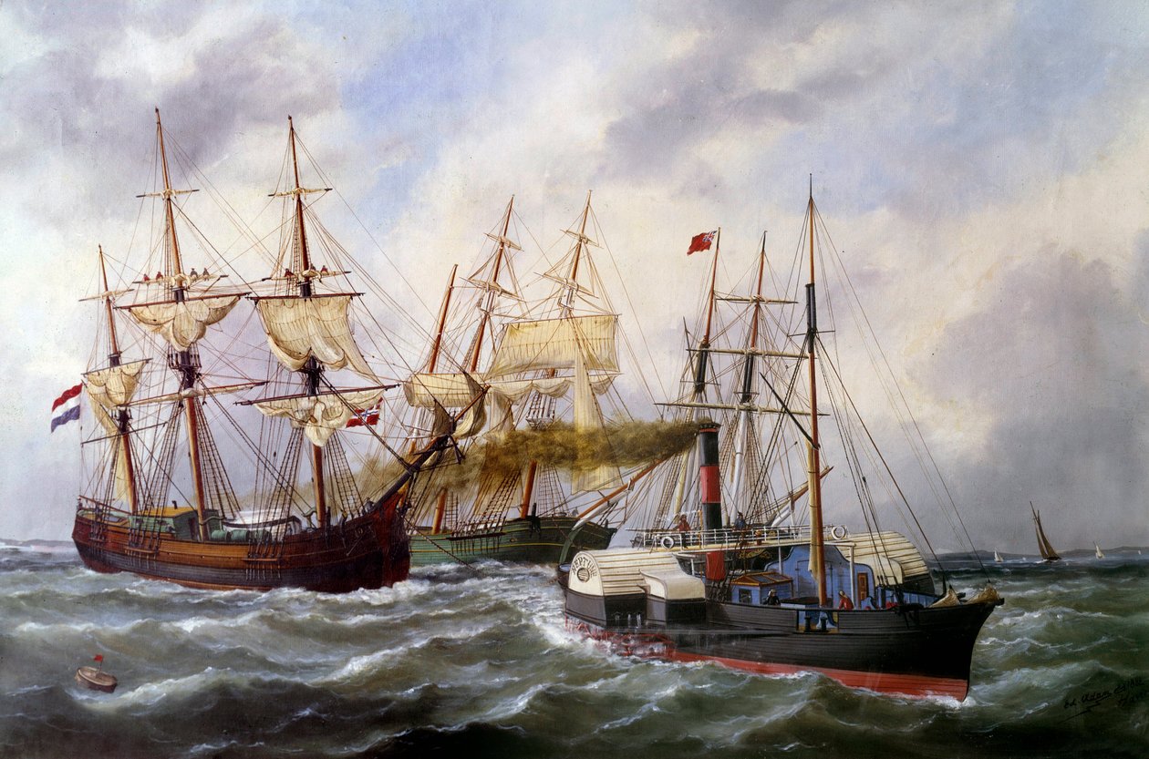 Dwie przyczepy z trzema matami autorstwa Le Neptune au Havre w 1882 r. Obraz Edouarda Adama (1847-1929) 1882 r. Paryż, Musee de la Marine autorstwa Edouard Marie Adam